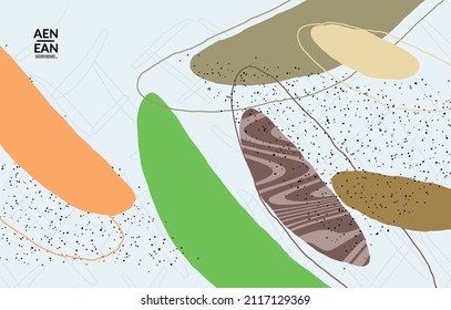 Minimal abstract vector cover template. Organic grunge textured overlapping wavy shapes and lines. Scribbled hand drawn pastel colored background. Striped dotted leaf forms. Contemporary design.