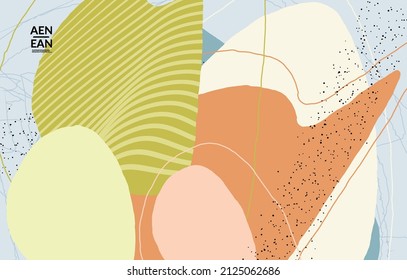 Plantilla mínima de cobertura vectorial abstracta. Grunge orgánico texturado que se solapa con formas y líneas onduladas. Fondo de color pastel dibujado a mano con grillos. Formas de hojas punteadas a rayas. Diseño contemporáneo.