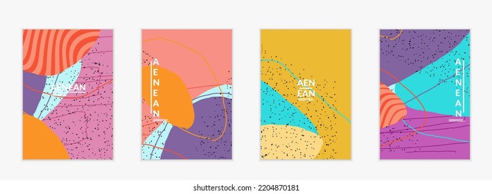 Minimal abstract vector cover template. Organic grunge textured overlapping wavy shapes and lines. Scribbled hand drawn pastel colored background. Striped dotted leaf forms. Contemporary design.