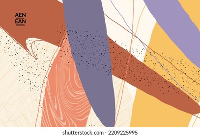 Minimal abstract vector cover template. Organic grunge textured overlapping wavy shapes and lines. Scribbled hand drawn pastel colored background. Striped dotted leaf forms. Contemporary design.