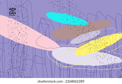 Minimal abstract vector cover template. Organic grunge textured overlapping wavy shapes and lines. Scribbled hand drawn pastel colored background. Striped dotted leaf forms. Contemporary design.