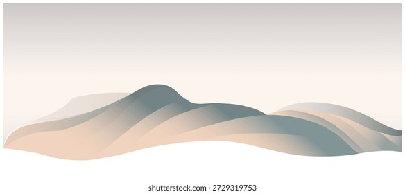 Minimal abstract vector illustration landscape with pastel gradients and flowing shapes. Calm background hills, featuring smooth curves and neutral tones.