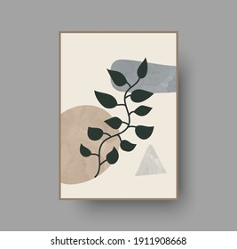 Afiche mínimo abstracto del boho de arte en la pared. Diseño de fondo vectorial botánico con colores pastel y follaje exótico. Elemento interior de arte mural. ilustración de la naturaleza. Dibujo foliativo exótico, acuarela