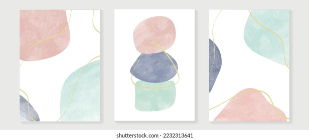 Minimal abstract wall art set vector. Watercolor abstract organic shapes with gold line art background. Design illustration for print, wall decor, home decoration, poster, wallpaper, banner.