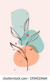 Arte mural abstracto dibujado a mano, estilo de pintura con tinta boho vectorial minimalista, imágenes botánicas de hojas orgánicas, punto transparente en azul marino, paleta de color naranja, fondo blanco