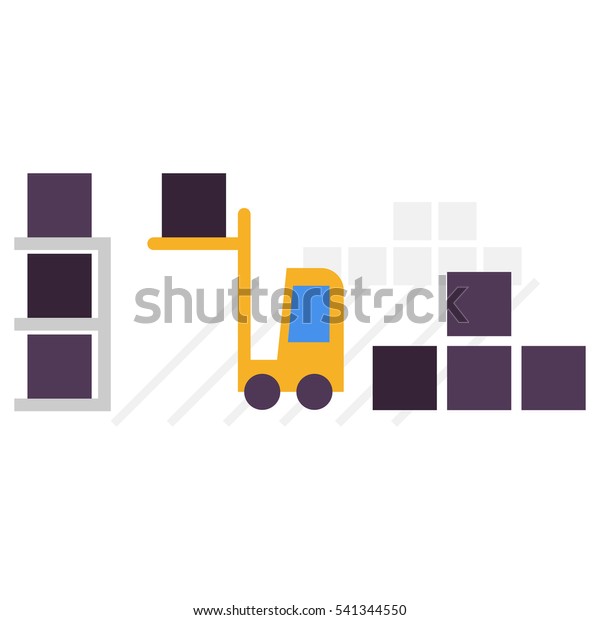 Minimal abstract warehouse with\
loader and containers, colorful flat style vector\
illustration
