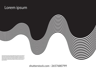 Fundo de onda abstrato mínimo com linhas curvas em preto e branco formando um padrão de fluxo suave. Inclui layout de texto de espaço reservado, ideal para pôsteres, modelos ou design digital.