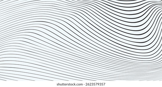 Minimal abstract wavy line background. Black curved lines on a white backdrop creating a flowing, optical illusion-style pattern. Perfect for modern, elegant, or tech-inspired design.