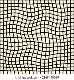Minimal abstract wavy linear seamless pattern. Black distorted checkered on a beige background. Geometric vector print