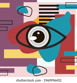 Minimales abstraktes Webbanner-Design. Vektorvorlage mit Elementen geometrischer Formen und einem menschlichen Auge. Bauhaus, modern, hipster style.Vektorgrafik. Abstrakte Kunst, Print-Hintergrund.