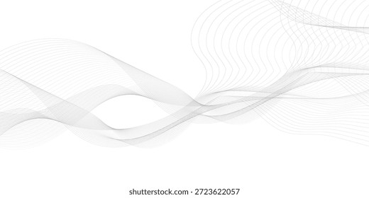 Fondo blanco abstracto mínimo con líneas de onda grises fluidas suaves que crean movimiento en capas y transparencia, formando un elegante diseño de Vector moderno inspirado en la tecnología con ritmo lineal curvo