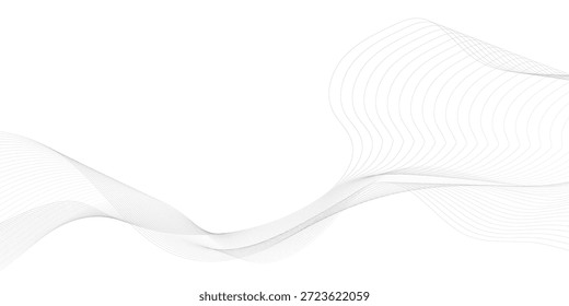 Fondo blanco abstracto mínimo con líneas de onda grises fluidas suaves que crean movimiento en capas y transparencia, formando un elegante diseño de Vector moderno inspirado en la tecnología con ritmo lineal curvo