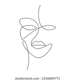 Minimal abstract woman face vector icon. Line continuous drawing. Hand drawn illustration. Female portrait. Graphic design, print, banner, poster, brochure, logo, card, sign, silhouette, symbol.