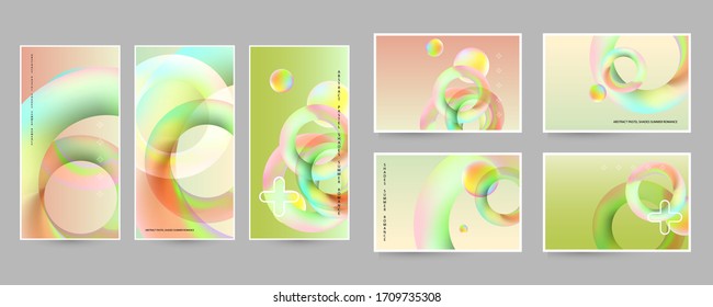 Minimal abstraction set posters layout collection with vibrant blurred gradient circles pastel summer shades. Stock illustration eps10