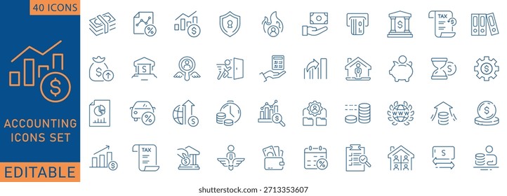 Minimal Accounting set of web icons in line style tax, audit, analytics, payment, investment, and money management. Perfect for web, app UI, presentations, and corporate materials.
