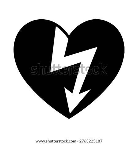 Minimal AED heart icon with lightning bolt representing defibrillator use and cardiac emergency response. Ideal for medical signage, safety graphics, apps, and emergency equipment labeling.