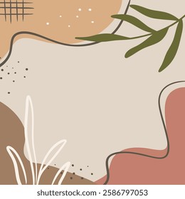 Minimal aesthetic boho background template. Organic shapes with leaf branch, dots, and lines. Design for card, wall art, wallpaper, poster, and print.