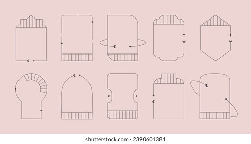 Minimal aesthetic linear frames, arches with decorative stars, moons. Boho geometric vector window, door set.