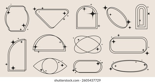 Minimal Aesthetic Y2k Sparkle Frames Set. Trendy contemporary line frames for social media, banner, poster, cover design. 