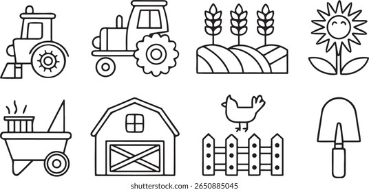 Minimal agriculture and farming vector icons, includes tractor, wheat, barn, crop, irrigation, shovel, animal, editable clean black line set