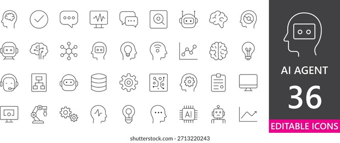 Conjunto mínimo de iconos de agentes de IA con tareas autónomas, eficiencia, planificación, gestión, investigación, estrategia y herramientas de flujo de trabajo inteligentes.	
