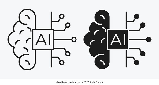 Minimales KI-Gehirnschaltkreissymbol auf grauem Hintergrund, das neuronale Verarbeitung, Hardware für künstliche Intelligenz und intelligente Technologie darstellt.