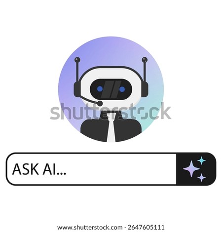 Minimal AI chatbot concept featuring a robot in headset with a conversation field, ideal for customer service, virtual assistant, or artificial intelligence topics. Perfect for tech, software, or UI