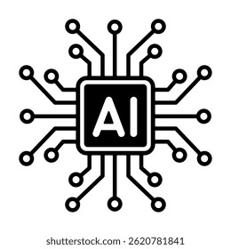 Minimal AI Chip with Circuit Lines. Black and white vector illustration