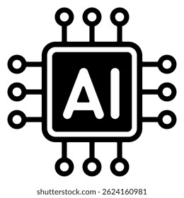 Minimal AI Chip with Circuit Lines. Black and white vector illustration
