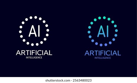 Minimal AI logo with a dotted circle and modern typography, featuring white and gradient blue variations on a dark background.