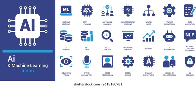 Minimal AI and Machine Learning icon set featuring data analysis, NLP, deep learning, and automation. Perfect for tech, analytics, and IT presentations.