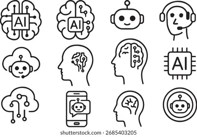 Ícone de tecnologia de IA mínimo definido com chatbot, circuito cerebral, chip de IA, rede neural, computação em nuvem e ícones de linha de assistente virtual. Perfeito para tecnologia moderna e projetos digitais.