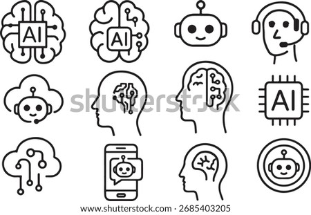 Minimal AI technology icon set with chatbot, brain circuit, AI chip, neural network, cloud computing, and virtual assistant line icons. Perfect for modern tech and digital projects.