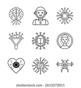 Minimal AI technology line icon set featuring artificial intelligence, robotics, machine learning, and neural networks. Perfect for apps, presentations, and tech infographics