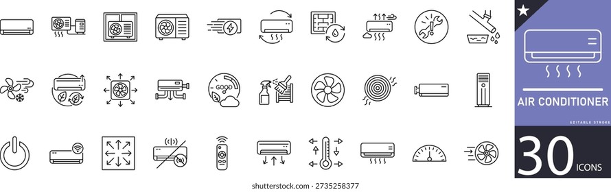 Minimal Air Conditioner 30 line icons for cooling, HVAC systems, temperature control, ventilation, and climate comfort