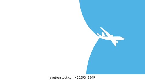 Minimal airplane silhouette on a blue and white abstract background. The clean design features a modern aviation concept with bold contrast.