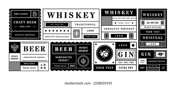 Minimal alcohol drink label template. Geometric sticker layout for craft beer, whiskey and gin bottles. Retro labels with hops and berry vector set. Private brewery distillery for handcrafted products