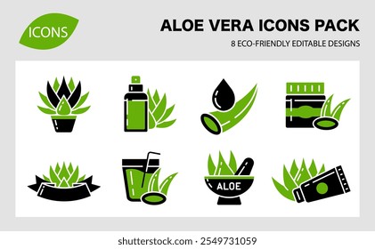 Paquete de íconos de aloe vera mínimo, símbolos de Vector con Elementos de hojas, tubos y plantas frescas