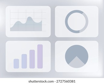 Minimal analytics dashboard UI with glassmorphism cards, transparent glass panels