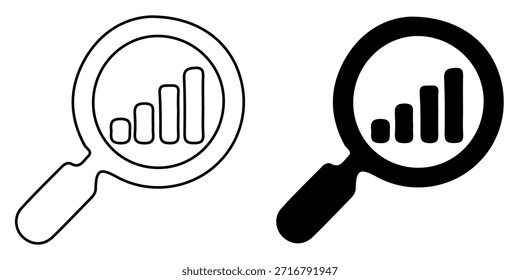 Conjunto de iconos de lupa de análisis mínimo que muestra las barras de crecimiento. Esquema limpio y estilos sólidos, simple, moderno y adecuado para uso de interfaz de usuario, infografía, datos o diseño de negocios.