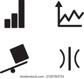 Minimal analytics and statistics icon set including charts, graphs, growth arrows, and data visualization symbols. Solid black vector perfect for business dashboards and fintech interfaces.