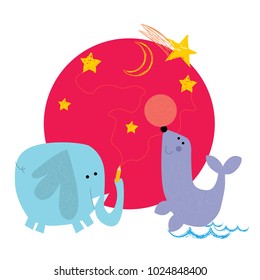 Minimal Animals -Elephant Seal-
 Illustration with pen,ball and stars