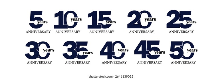 Minimal Anniversary Number Logos – Set of 5th to 50th Years Emblems for Posters, Cards and Invitations.