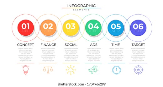 Minimal annual infographic template with six circle steps and icons. Chart strategy process. Modern vector for company or corporate business project and presentation. Trendy Eps10 design