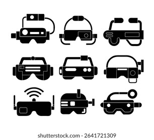 Minimal AR headset icon set in line and flat styles. Includes smart glasses, wearable tech, augmented reality gear, and futuristic virtual display designs.