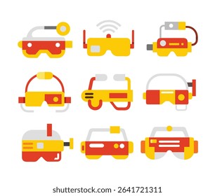 Minimal AR headset icon set in line and flat styles. Includes smart glasses, wearable tech, augmented reality gear, and futuristic virtual display designs.