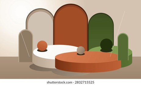 A minimal architectural backdrop featuring elegant arches and stepped pedestals for modern product staging. Beige, Sienna and Olive color theme.