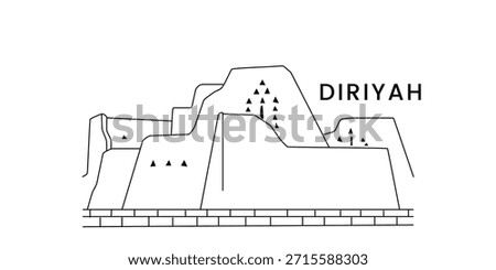 Minimal architectural illustration of Diriyah heritage buildings inspired by Najdi style and Saudi historical landmarks