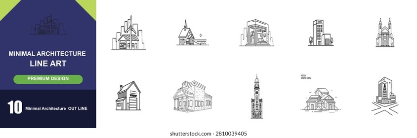 Minimal architecture line art vector design, depicting city, urban, residential, church, hotel, and commercial buildings.