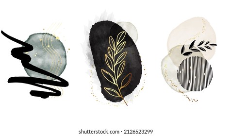 Minimal Arrangements watercolor Illustration and gold elements, plant design  white background. Abstract modern print set. abstract Logo. creative Wall art. Poster layout. Business card. vector
